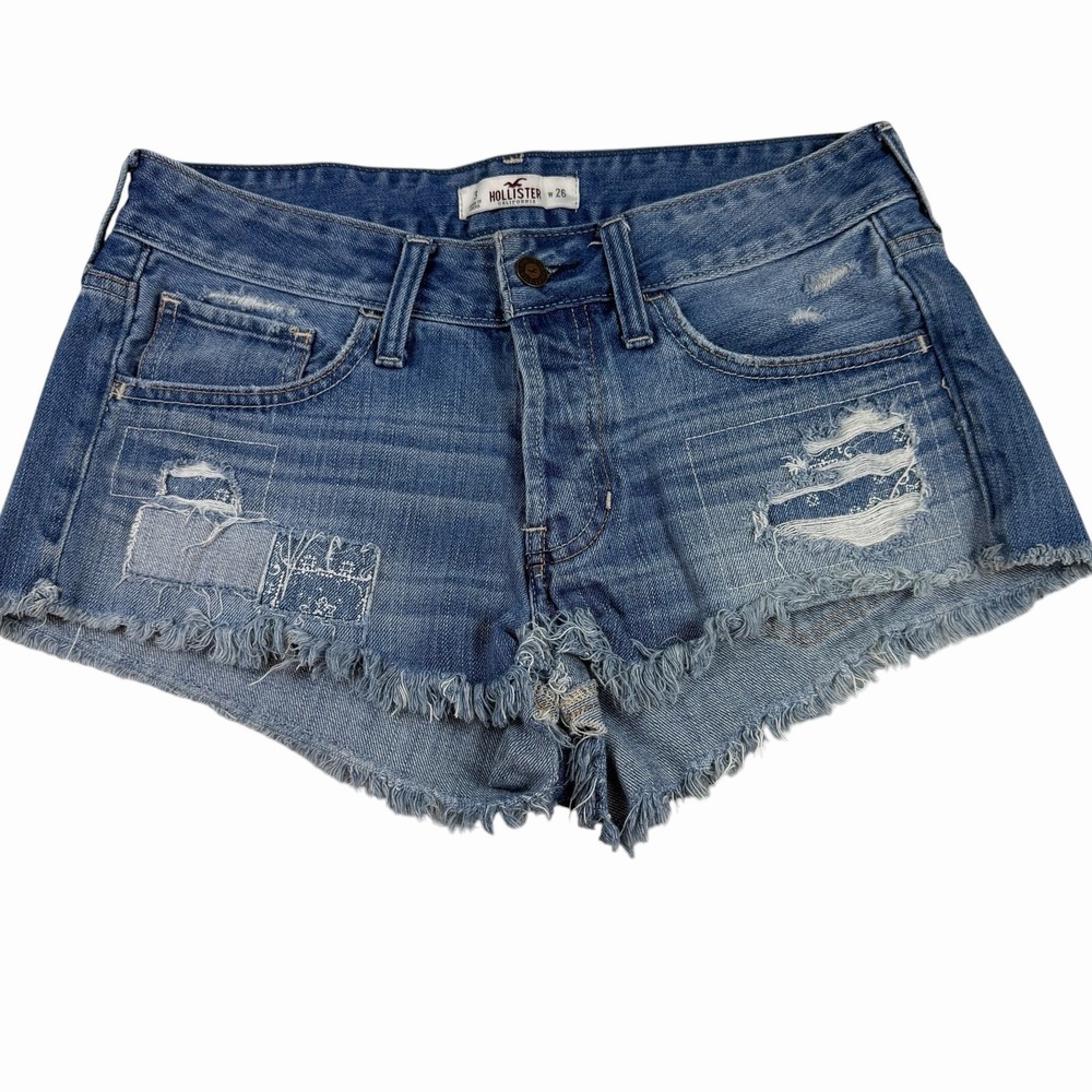 Vtg Hollister Distressed Micro Mini Denim Shorts Sz 3/26 Y2K Boho Patch Festival